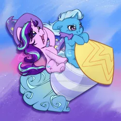 Size: 1024x1024 | Tagged: safe, artist:midnightpremiere, derpibooru import, starlight glimmer, trixie, pony, unicorn, cheek fluff, cute, deviantart watermark, duo, female, hat, hat swap, image, jpeg, mare, nose wrinkle, obtrusive watermark, open mouth, redraw, rocket, sitting, toy interpretation, trixie's rocket, watermark