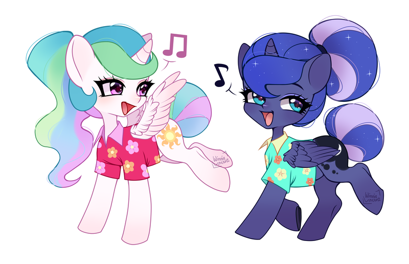 Size: 4895x3160 | Tagged: safe, artist:winnievincent, derpibooru import, princess celestia, princess luna, alicorn, pony, between dark and dawn, alternate hairstyle, clothes, cute, cutelestia, duo, female, hawaiian shirt, high res, image, lunabetes, mare, music notes, open mouth, png, royal sisters, shirt, siblings, sisters