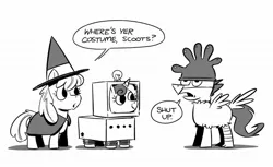 Size: 1031x630 | Tagged: safe, artist:mellodillo, derpibooru import, apple bloom, scootaloo, sweetie belle, earth pony, pegasus, pony, robot, unicorn, animal costume, black and white, cardboard, cardboard box, chicken suit, clothes, costume, cutie mark crusaders, dialogue, female, filly, grayscale, halloween, holiday, image, jpeg, monochrome, nightmare night, robot costume, scootachicken, scootaloo is not amused, simple background, sweetie bot, trio, unamused, white background, witch costume