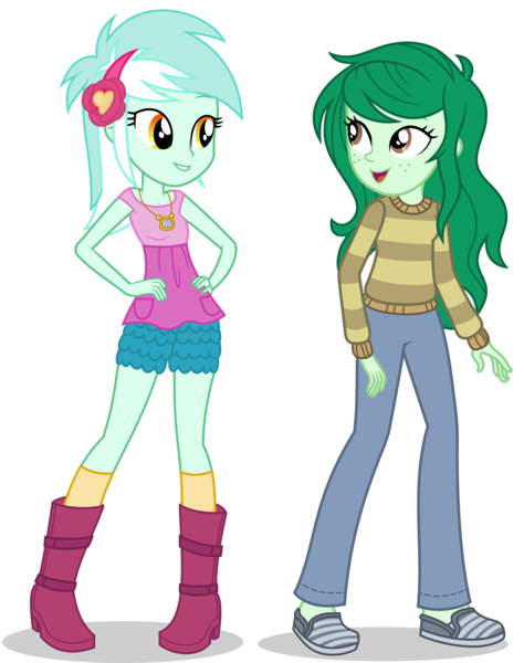 Size: 6517x8258 | Tagged: safe, derpibooru import, lyra heartstrings, wallflower blush, equestria girls, absurd resolution, boots, clothes, duo, duo female, female, grin, hand on hip, image, jeans, looking at each other, open mouth, open smile, pants, png, shoes, shorts, simple background, smiling, smiling at each other, sweater, transparent background