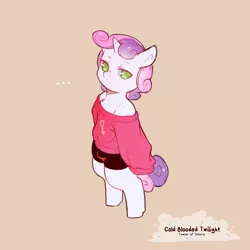 Size: 1200x1200 | Tagged: suggestive, artist:cold-blooded-twilight, derpibooru import, sweetie belle, unicorn, ..., bipedal, chest fluff, clothes, crotch bulge, foalcon, image, looking at you, male, male symbol, png, rule 63, shorts, silver bell, simple background, sweater, trap, underage