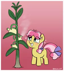 Size: 1606x1794 | Tagged: safe, artist:heretichesh, derpibooru import, kettle corn, earth pony, pony, blushing, corn, cute, female, filly, food, gradient background, image, jpeg, kettle, plant, pun, smiling, solo, sparkles, visual pun