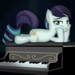 Size: 1920x1920 | Tagged: safe, artist:clamstacker, artist:gatesmccloud, artist:grapefruit-face, derpibooru import, coloratura, pony, bedroom eyes, explicit description, grand piano, hooves on cheeks, image, looking at you, lying down, musical instrument, piano, png, prone, rara, seductive look, seductive pose, solo