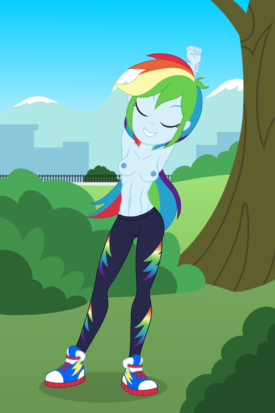 Size: 1200x1800 | Tagged: questionable, artist:roseluck, derpibooru import, rainbow dash, equestria girls, abs, areola, arm behind head, arms in the air, belly button, breasts, building, bush, casual nudity, clothes, collarbone, day, eyes closed, female, fence, full body, image, inkscape, mountain, nipples, nudity, open mouth, open smile, outdoors, pants, park, partial nudity, png, shoes, show accurate, show accurate porn, smiling, sneakers, solo, solo female, standing, sunny, topless, tree, underass, vector