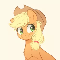 Size: 679x672 | Tagged: safe, artist:higgly-chan, derpibooru import, applejack, earth pony, pony, bust, chest fluff, cute, female, image, jackabetes, mare, png, simple background, smiling, solo