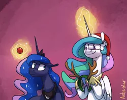 Size: 1398x1102 | Tagged: safe, artist:anticular, derpibooru import, princess celestia, princess luna, alicorn, pony, abstract background, antlers, ball, christmas, duo, duo female, female, hat, headband, holiday, image, jpeg, levitation, magic, mare, red nose, reindeer antlers, royal sisters, santa hat, siblings, sisters, smiling, telekinesis