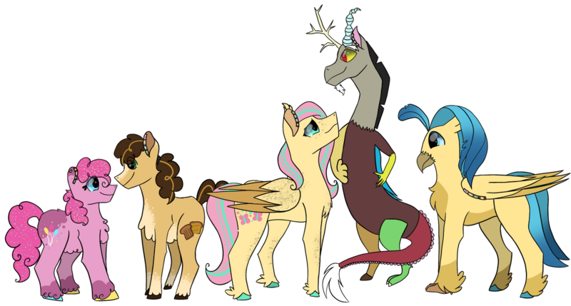 Size: 1280x686 | Tagged: safe, artist:birbnerd17, derpibooru import, cheese sandwich, discord, fluttershy, pinkie pie, princess skystar, bird, draconequus, earth pony, pegasus, my little pony: the movie, alternate design, alternate universe, female, image, implied cheesepie, implied discoshy, implied lesbian, implied shipping, implied straight, interspecies, male, png, polyamory, simple background, story included, transparent background, twitterina design