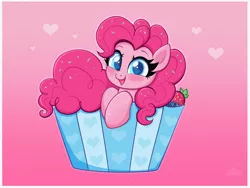 Size: 4000x3000 | Tagged: safe, artist:confetticakez, derpibooru import, pinkie pie, earth pony, pony, berry, bust, colored pupils, cupcake, cute, diapinkes, female, food, heart, heart eyes, high res, image, looking at you, mare, open mouth, open smile, png, smiling, solo, sprinkles, strawberry, wingding eyes