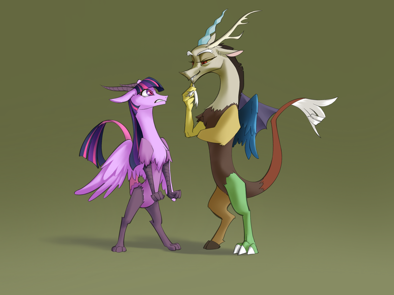 Size: 2732x2048 | Tagged: safe, artist:blue ink, derpibooru import, discord, twilight sparkle, draconequus, angry, antlers, beard, derpibooru exclusive, draconequified, duo, facial hair, female, gritted teeth, high res, image, male, png, shadow, species swap, tail, tail hand, thumbs up, twikonequus, twilight is not amused, unamused