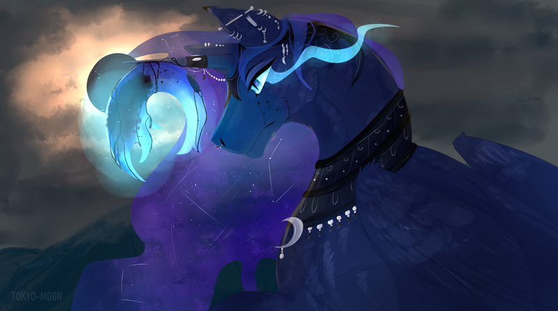 Size: 5020x2798 | Tagged: safe, artist:tokyo-m00n, derpibooru import, princess luna, alicorn, pony, blue eyes, clothes, cloud, colored pupils, ethereal mane, eye, eyes, feather, female, flowing mane, glow, horn, image, moon, moonlight, mountain, night, png, signature, solo, sombra eyes, starry mane, wings