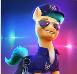 Size: 888x854 | Tagged: safe, artist:imalou, derpibooru import, screencap, hitch trailblazer, earth pony, pony, my little pony: a new generation, spoiler:my little pony: a new generation, calendar, clothes, g5, glasses, grin, handsome, hat, image, jpeg, key, male, markings, pants, police, police hat, police officer, police uniform, shirt, smiling, solo, stallion, stupid sexy hitch trailblazer, sunglasses