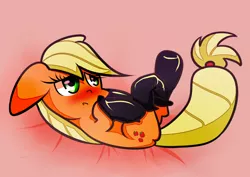 Size: 2400x1700 | Tagged: safe, artist:joycall6, derpibooru import, applejack, earth pony, pony, :o, blushing, boots, clothes, cute, dressing, female, fireproof boots, floppy ears, hoof hold, image, jackabetes, jpeg, legs in air, lidded eyes, lying down, on back, open mouth, pink background, shoes, simple background, solo