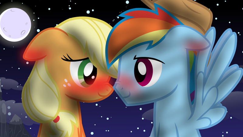 Size: 1920x1080 | Tagged: safe, artist:rainbowderp98, derpibooru import, applejack, rainbow dash, earth pony, pegasus, pony, accessory swap, appleblitz (straight), appledash, blushing, eye contact, female, floppy ears, half r63 shipping, image, lesbian, looking at each other, male, moon, mountain, night, nose wrinkle, png, rainbow blitz, rule 63, shipping, stars, straight