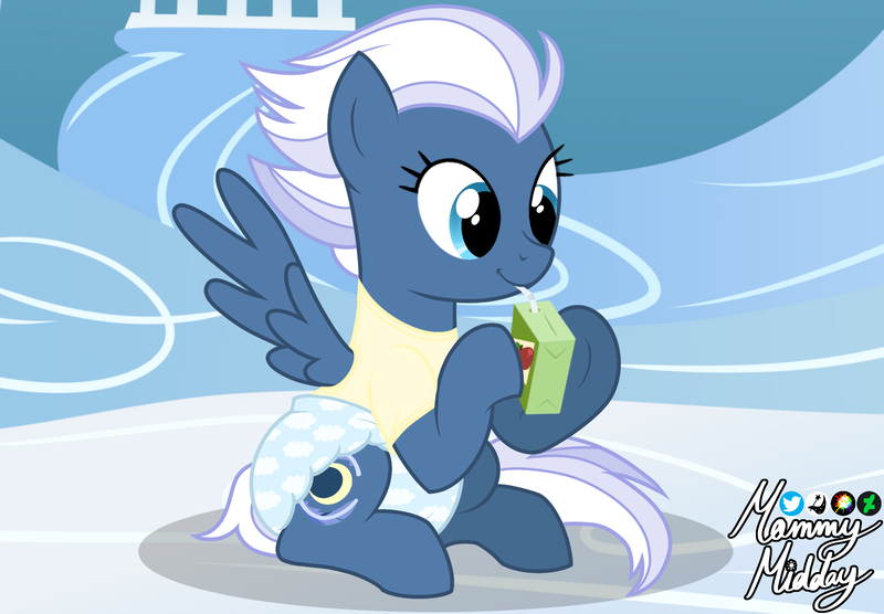 Size: 2360x1640 | Tagged: questionable, artist:mommymidday, derpibooru import, night glider, pegasus, pony, abdl, adult foal, apple juice, clothes, cloudsdale, cute, cutie mark, diaper, diaper fetish, drinking, fetish, image, juice, juice box, photo, png, poofy diaper, show accurate, show accurate porn, signature, sitting, solo, spread wings, wind, windswept mane, wings