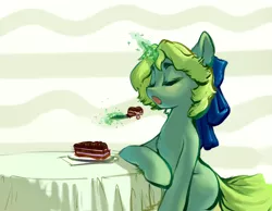 Size: 3875x3000 | Tagged: safe, artist:blue ink, derpibooru import, oc, oc:tingsan, unofficial characters only, pony, unicorn, cake, eating, food, image, magic, open mouth, png, sitting, solo, table, telekinesis