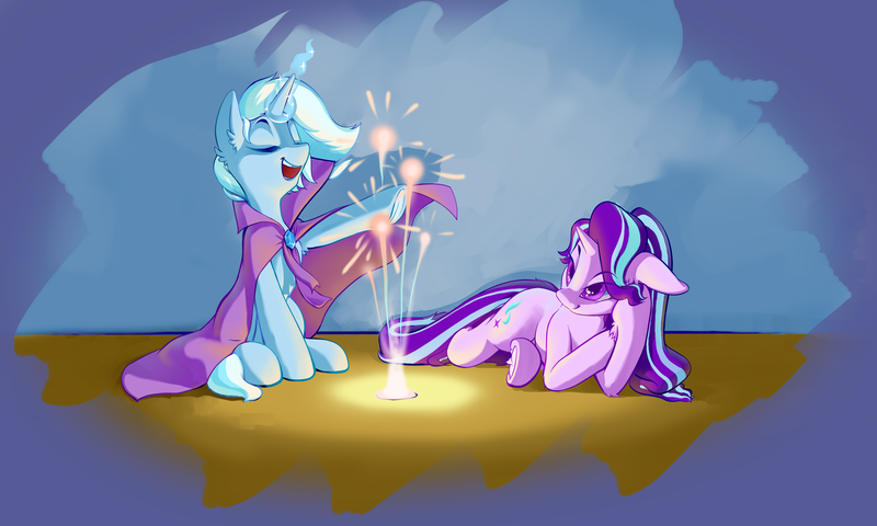 Size: 5000x3000 | Tagged: safe, artist:blue ink, derpibooru import, starlight glimmer, trixie, pony, unicorn, cape, clothes, cutie mark, duo, duo female, ear fluff, eye clipping through hair, eyebrows, eyebrows visible through hair, eyes closed, female, glow, glowing horn, high res, hoof fluff, horn, image, lying down, magic, magic aura, mare, open mouth, open smile, png, side, sitting, smiling, tail, trixie's cape, underhoof