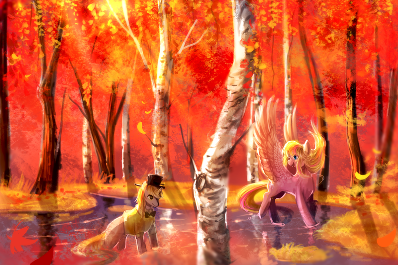 Size: 3000x2000 | Tagged: oc name needed, safe, artist:aquagalaxy, derpibooru import, oc, unofficial characters only, pegasus, pony, unicorn, autumn, birch, blue eyes, bowtie, clothes, color porn, crepuscular rays, duo, eye contact, falling leaves, forest, grass, gray coat, hat, high res, horn, image, in water, leaves, legs in the water, looking at each other, maple, open mouth, open smile, outdoors, pegasus oc, pink coat, png, scenery, scenery porn, shirt, smiling, spread wings, standing in water, tail, top hat, tree, unicorn oc, water, wings, yellow mane, yellow tail