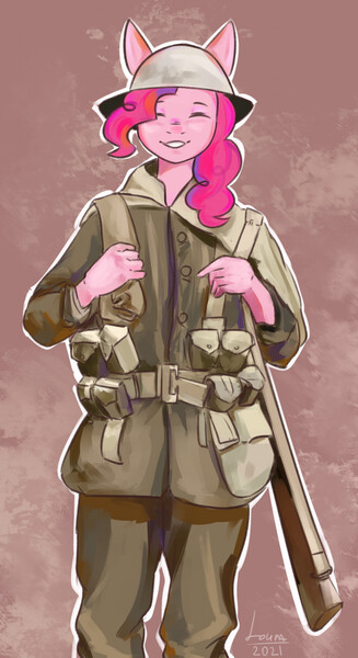 Size: 698x1280 | Tagged: safe, artist:louraa, derpibooru import, anthro, earth pony, clothes, digital art, eyes closed, female, helmet, image, jpeg, simple background, soldier, solo, weapon, world war i