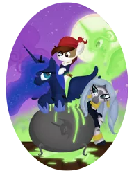 Size: 3825x4950 | Tagged: safe, artist:nowego, derpibooru import, nightmare moon, pipsqueak, princess luna, zecora, alicorn, earth pony, zebra, luna eclipsed, absurd resolution, cauldron, duality, image, moon, night, nightmare night, png