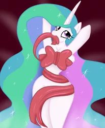 Size: 2412x2925 | Tagged: suggestive, artist:mysweetstomach, derpibooru import, princess celestia, anthro, adorasexy, arm behind head, bow, breasts, cute, cutelestia, disproportional anatomy, ethereal mane, female, horn, image, jpeg, long horn, long mane, nudity, red background, ribbon bikini, sexy, simple background, solo, solo female, starry mane, strategically covered, wasp waist