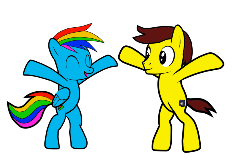Size: 1280x913 | Tagged: safe, artist:onebigbarbarian, derpibooru import, oc, oc:button rush, oc:johnny, earth pony, pegasus, derpibooru community collaboration, 2022 community collab, bipedal, duo, eyes closed, image, male, not rainbow dash, open mouth, png, simple background, transparent background