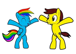 Size: 1280x913 | Tagged: safe, artist:onebigbarbarian, derpibooru import, oc, oc:button rush, oc:johnny, earth pony, pegasus, derpibooru community collaboration, 2022 community collab, bipedal, duo, eyes closed, image, male, not rainbow dash, open mouth, png, simple background, transparent background