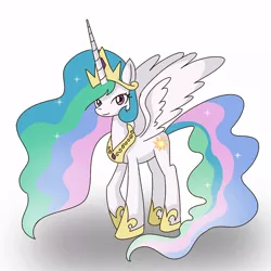 Size: 1000x1000 | Tagged: safe, artist:winter-scarf, derpibooru import, princess celestia, alicorn, pony, crown, female, hoof shoes, image, jewelry, jpeg, looking at you, mare, peytral, regalia, simple background, smiling, solo, white background, wings