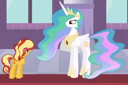 Size: 1280x851 | Tagged: safe, artist:winter-scarf, derpibooru import, princess celestia, sunset shimmer, alicorn, pony, unicorn, equestria girls, equestria girls series, forgotten friendship, carpet, crown, fear, female, forgiveness, image, jewelry, jpeg, mare, necklace, red carpet, regalia, remorse, reunion, the prodigal sunset