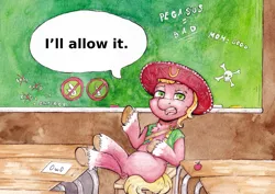 Size: 6204x4386 | Tagged: safe, artist:lightisanasshole, derpibooru import, sprout cloverleaf, ponified, earth pony, pony, apple, board, chair, chalk, chalkboard, chest fluff, classroom, clothes, crossed legs, ear fluff, food, funny, g5, hoof fluff, image, leg fluff, looking at you, male, meme, open mouth, owo, png, raised hoof, reference, sitting, solo, solo male, sombrero, speech bubble, table, text, traditional art, vest, voice actor joke, wallpaper, watercolor painting