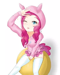 Size: 2800x3508 | Tagged: safe, artist:zoxriver503, derpibooru import, pinkie pie, human, clothes, hoodie, humanized, image, one eye closed, png, requested art, space hopper, tongue out