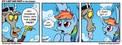 Size: 3375x1238 | Tagged: safe, artist:pony-berserker, derpibooru import, discord, rainbow dash, draconequus, pegasus, pony, 2021, cloud, comic, comic strip, female, flying, i don't get it, image, male, png, speech bubble, why the long face