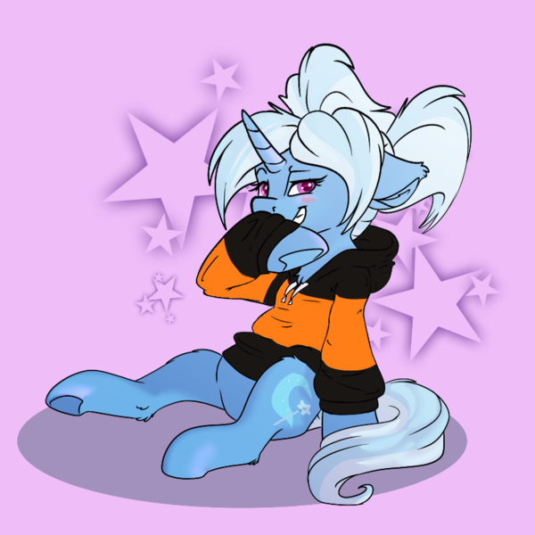 Size: 800x800 | Tagged: safe, alternate version, artist:allyclaw, edit, editor:edits of hate, trixie, pony, alternate hairstyle, babysitter trixie, blushing, clothes, female, hoodie, image, looking at you, mare, mouthpiece, png, purple background, simple background, super straight