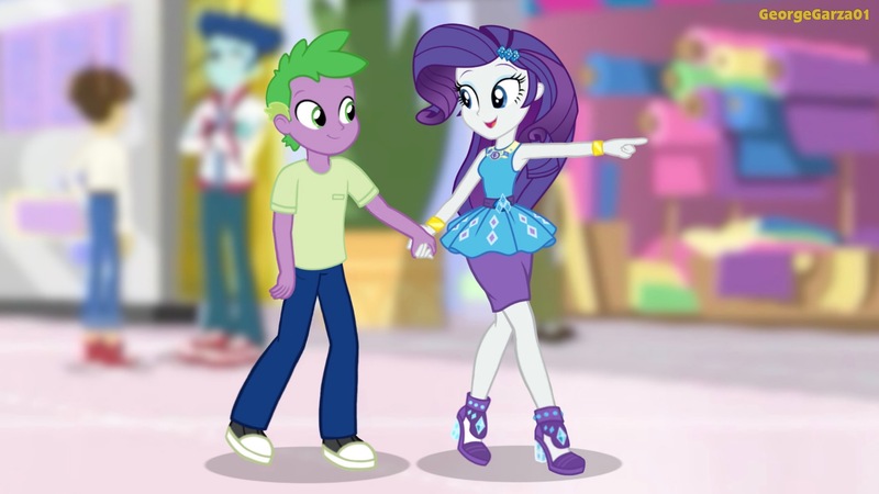 Size: 3642x2048 | Tagged: safe, artist:georgegarza01, derpibooru import, curly winds, rarity, some blue guy, spike, wiz kid, human, equestria girls, equestria girls series, bracelet, canterlot mall, clothes, female, geode of shielding, holding hands, human spike, humanized, image, jewelry, jpeg, looking at each other, magical geodes, male, pocket pouch, pointing, rarity peplum dress, shipping, shirt, shoes, sparity, straight