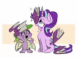 Size: 1869x1402 | Tagged: safe, artist:b0uncy-ball, derpibooru import, spike, starlight glimmer, dragon, pony, unicorn, abstract background, blush sticker, blushing, book, cute, duo, female, glimmerbetes, happy, image, jpeg, male, mare, open mouth, ponies balancing stuff on their nose, sitting, spikabetes, winged spike, wings