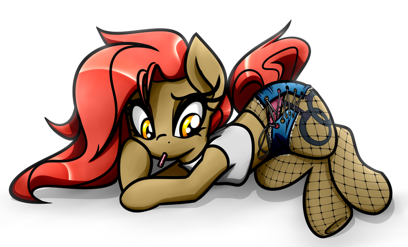 Size: 4024x2434 | Tagged: safe, artist:jetwave, derpibooru import, oc, oc:dala vault, unofficial characters only, earth pony, pony, clothes, female, fishnets, food, gum, high res, image, lying down, mare, midriff, panties, png, shirt, shorts, simple background, t-shirt, underwear, white background