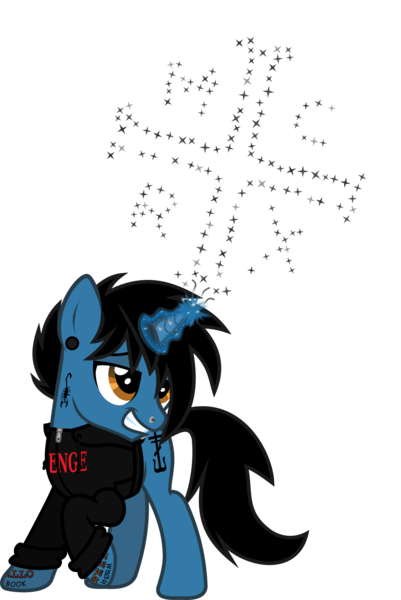 Size: 1328x1987 | Tagged: safe, artist:lightningbolt, derpibooru import, ponified, pony, unicorn, .svg available, clothes, derpibooru exclusive, ear piercing, fireworks, frank iero, gauges, glow, glowing horn, grin, hoodie, horn, horn piercing, image, lidded eyes, lip piercing, magic, male, my chemical romance, nose piercing, piercing, png, raised hoof, simple background, smiling, solo, stallion, tattoo, transparent background, vector