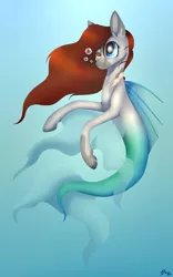 Size: 1936x3098 | Tagged: safe, artist:clarissa0210, derpibooru import, oc, unofficial characters only, merpony, seapony (g4), art challenge, blue background, bubble, dorsal fin, fish tail, flowing mane, flowing tail, image, ocean, png, red mane, signature, simple background, solo, swimming, tail, underwater, water