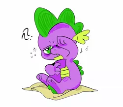 Size: 1465x1277 | Tagged: source needed, safe, artist:b0uncy-ball, derpibooru import, spike, dragon, blanket, cute, hug, image, jpeg, male, open mouth, question mark, simple background, sitting, sleepy, solo, spikabetes, tail, tail hug, white background