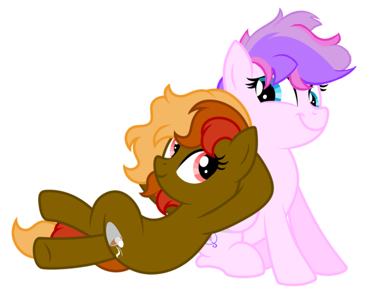 Size: 1376x1083 | Tagged: safe, artist:feather_bloom, derpibooru import, oc, oc:cocoa butter, oc:lueur rose, unofficial characters only, pony, derpibooru community collaboration, 2022 community collab, female, image, looking at each other, mare, png, sitting, smiling, smiling at each other