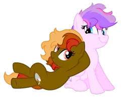 Size: 1376x1083 | Tagged: safe, artist:feather_bloom, derpibooru import, oc, oc:cocoa butter, oc:lueur rose, unofficial characters only, pony, derpibooru community collaboration, 2022 community collab, female, image, looking at each other, mare, png, sitting, smiling, smiling at each other