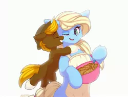 Size: 3961x3017 | Tagged: safe, artist:avery-valentine, derpibooru import, earth pony, pony, child, commission, cooking, cute, female, hat, hug, image, jpeg, kid, male, mother and child, mother and son, results, simple background, smiling, white background, white clothes