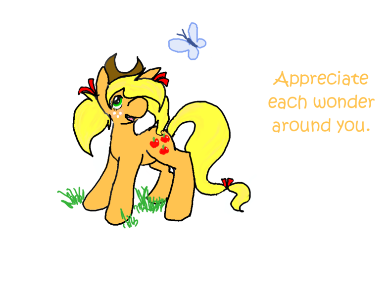 Size: 1275x973 | Tagged: safe, artist:boredtabletfilly, derpibooru import, applejack, butterfly, earth pony, insect, pony, alternate hairstyle, female, hat, image, looking at something, mare, pigtails, png, positive ponies, simple background, solo, text, twintails, white background