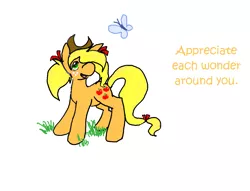 Size: 1275x973 | Tagged: safe, artist:boredtabletfilly, derpibooru import, applejack, butterfly, earth pony, insect, pony, alternate hairstyle, female, hat, image, looking at something, mare, pigtails, png, positive ponies, simple background, solo, text, twintails, white background