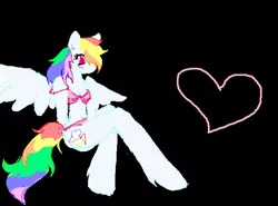 Size: 623x462 | Tagged: suggestive, artist:boredtabletfilly, derpibooru import, rainbow dash, anthro, pegasus, unguligrade anthro, black background, bra, breasts, clothes, female, heart, image, jpeg, no pupils, off shoulder, panties, pink underwear, simple background, solo, solo female, underwear