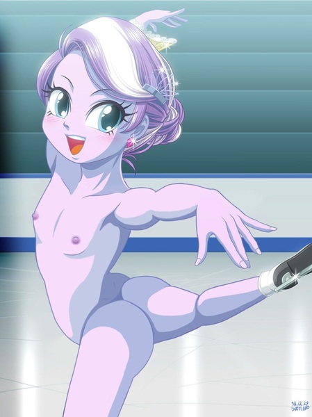 Size: 1078x1441 | Tagged: questionable, artist:uotapo, banned from derpibooru, edit, ponybooru import, diamond tiara, equestria girls, ass, breasts, butt, child, delicious flat chest, diamond buttiara, female, female focus, hair ornament, ice skates, ice skating, image, jpeg, lolicon, looking at you, nipples, nude edit, nudist diamond tiara, nudity, small breasts, solo, solo female, solo focus, underage