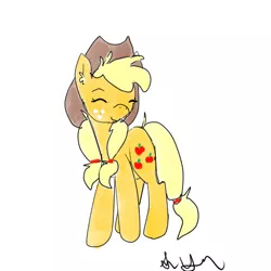 Size: 512x512 | Tagged: safe, artist:boredtabletfilly, derpibooru import, applejack, earth pony, pony, alternate hairstyle, ear fluff, eyes closed, female, hat, image, jpeg, mare, simple background, smiling, solo, white background