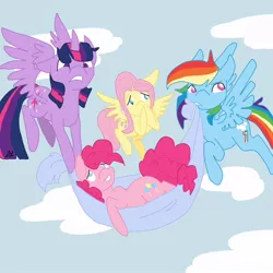 Size: 700x700 | Tagged: safe, artist:boredtabletfilly, derpibooru import, fluttershy, pinkie pie, rainbow dash, twilight sparkle, twilight sparkle (alicorn), alicorn, earth pony, pegasus, pony, carrying, female, flying, image, jpeg, mare, no pupils, rescue, sky background, worried