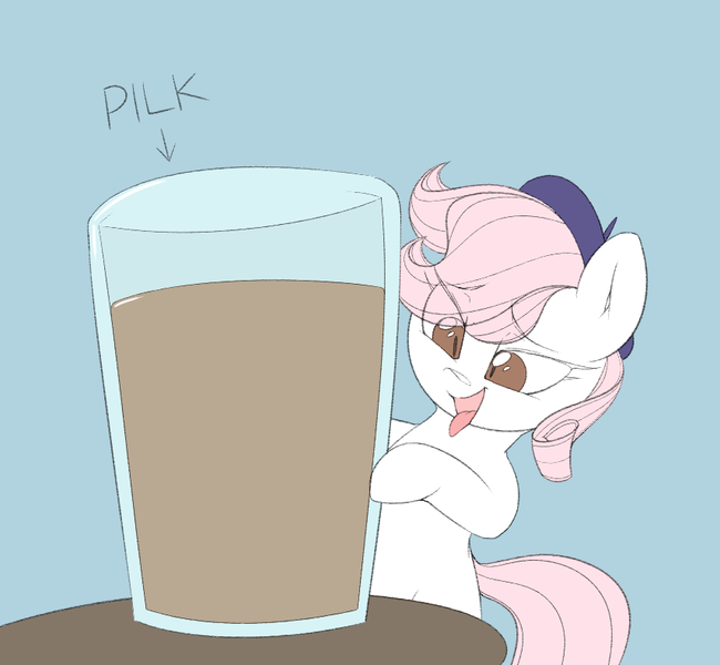 Size: 856x790 | Tagged: safe, artist:lyrabop, derpibooru import, oc, oc:lyrabop, unofficial characters only, earth pony, pony, beret, blue background, cup, drink, earth pony oc, eye clipping through hair, eyebrows, eyebrows visible through hair, glass, hat, image, open mouth, open smile, pilk, png, simple background, smiling, solo, table, tongue out