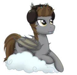 Size: 507x492 | Tagged: safe, artist:whitequartztheartist, derpibooru import, oc, oc:devin, unofficial characters only, bat pony, pony, derpibooru community collaboration, 2022 community collab, cloud, happy, headphones, image, male, png, simple background, stallion, transparent background