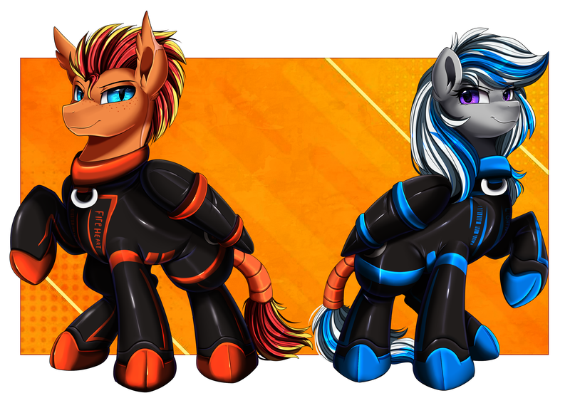 Size: 3509x2450 | Tagged: safe, artist:pridark, derpibooru import, oc, oc:fireheart, oc:lady lightning strike, unofficial characters only, bat pony, hybrid, pegasus, pony, bound wings, closed suit design, collar ring, commission, duo, freckles, image, latex, latex suit, male, pegabat, pegasus oc, png, raised hoof, smiling, tail, tail wrap, wings